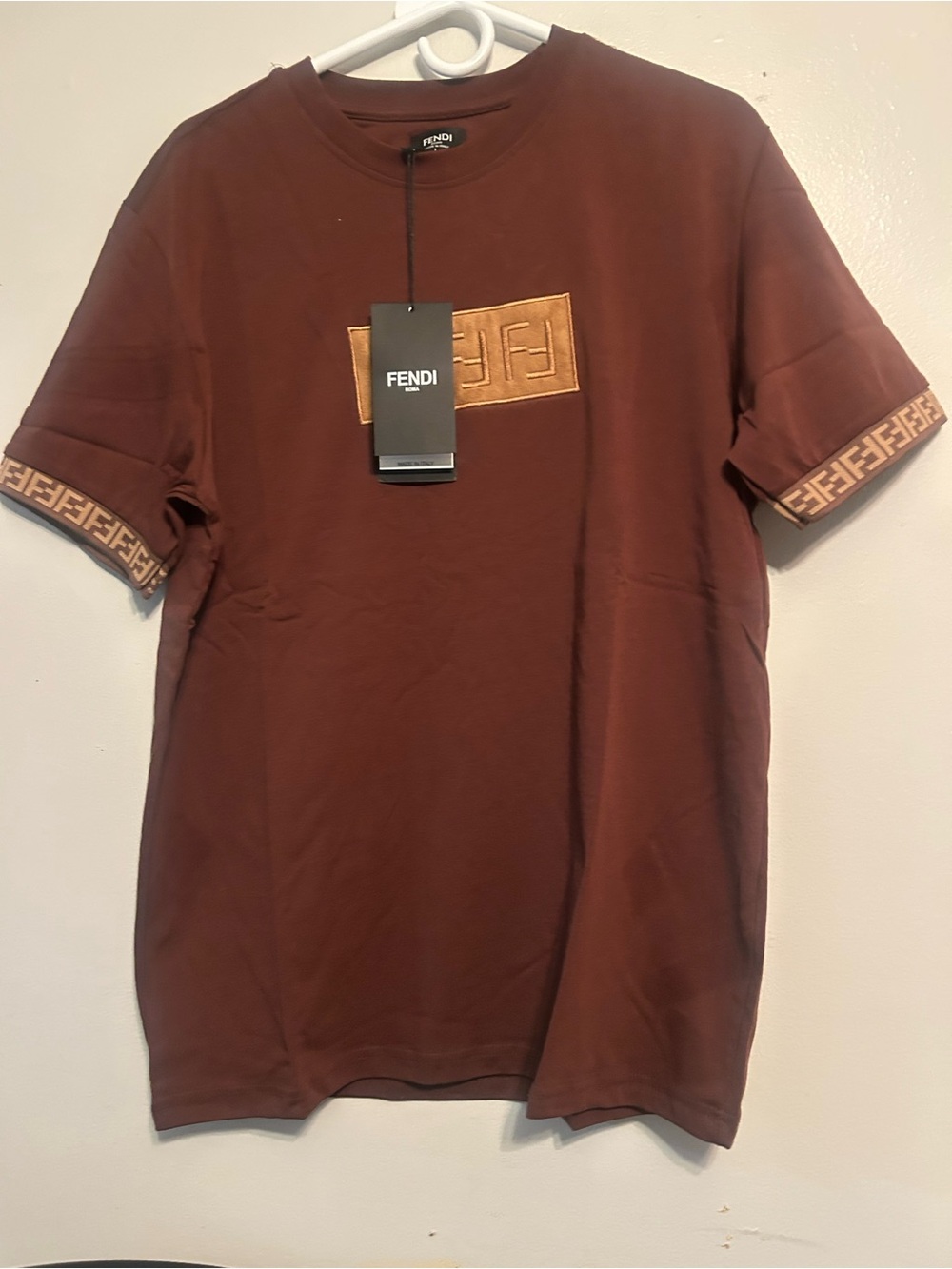 Fendi Brown Short Sleeve Logo Crewneck Tee with FF Trim